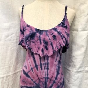 Purple tie-dye mid-length dress with ruffle